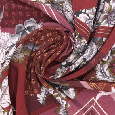 Viscose fabric with flowers - burgondy 