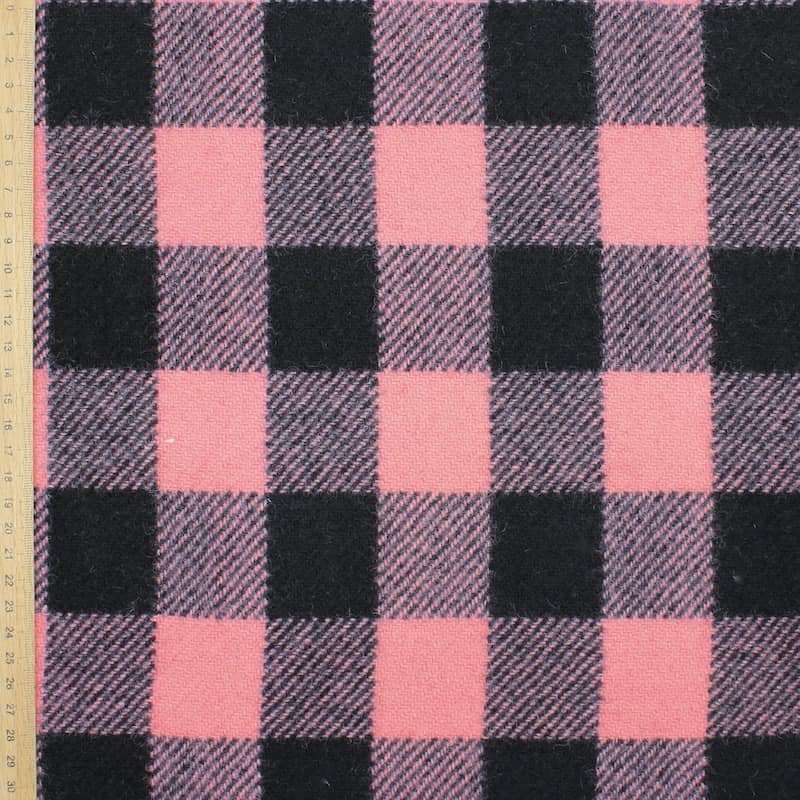 Tissu 100% laine carreaux - rose et noir