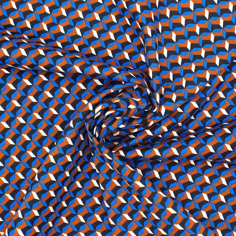 Tissu coton extensible graphique - bleu et brun