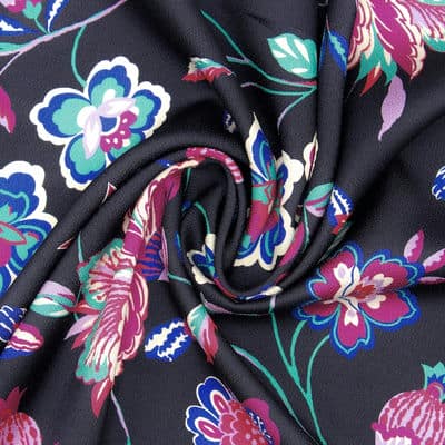 Polyester fabric resembling crêpe with flowers - black 