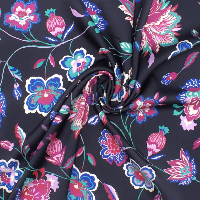 Tissu polyester type crêpe fleurs - noir