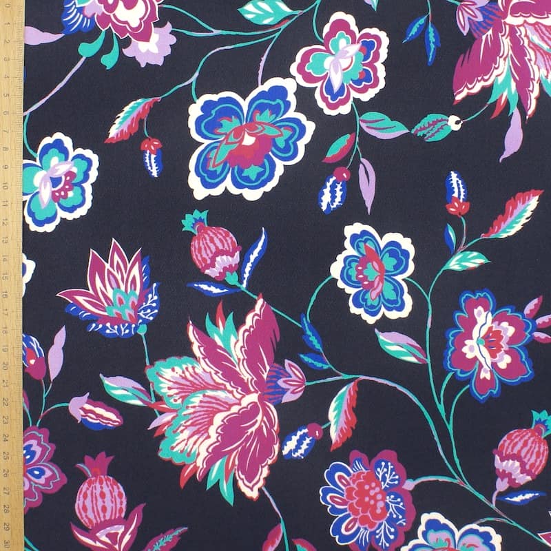 Tissu polyester type crêpe fleurs - noir