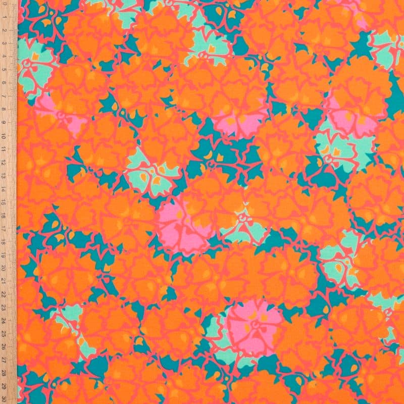 Cotton twill fabric with flowers - orange 