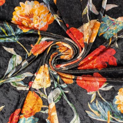 Extensible refined velvet with flowers - black 