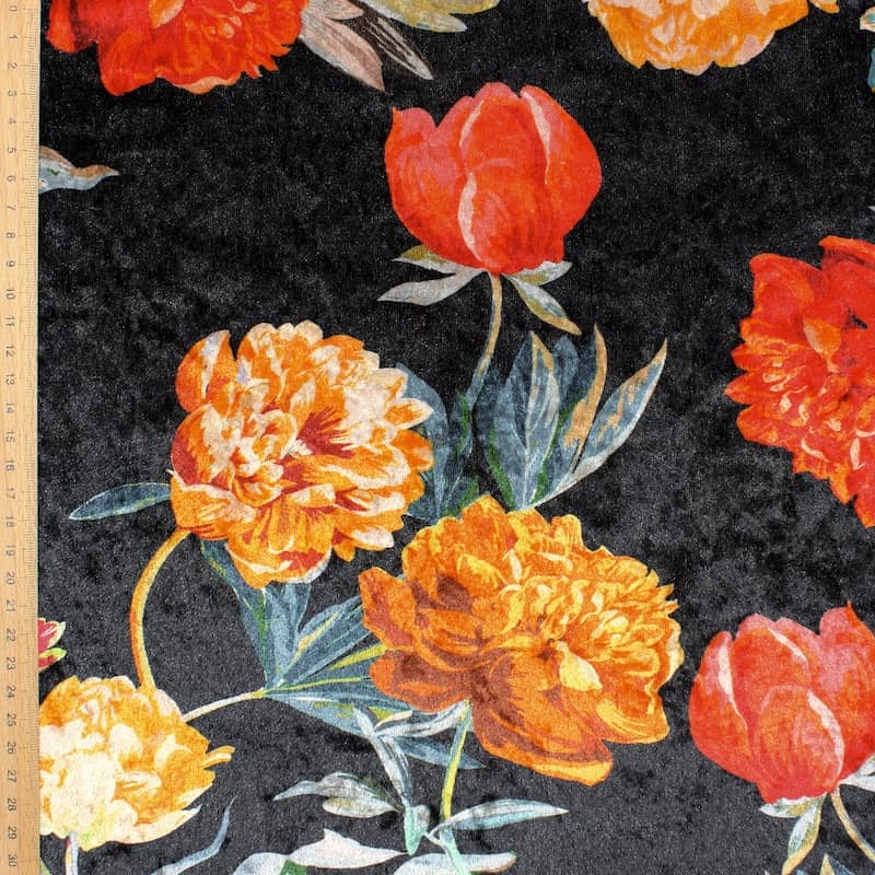 Tissu panne de velours extensible fleurs - noir