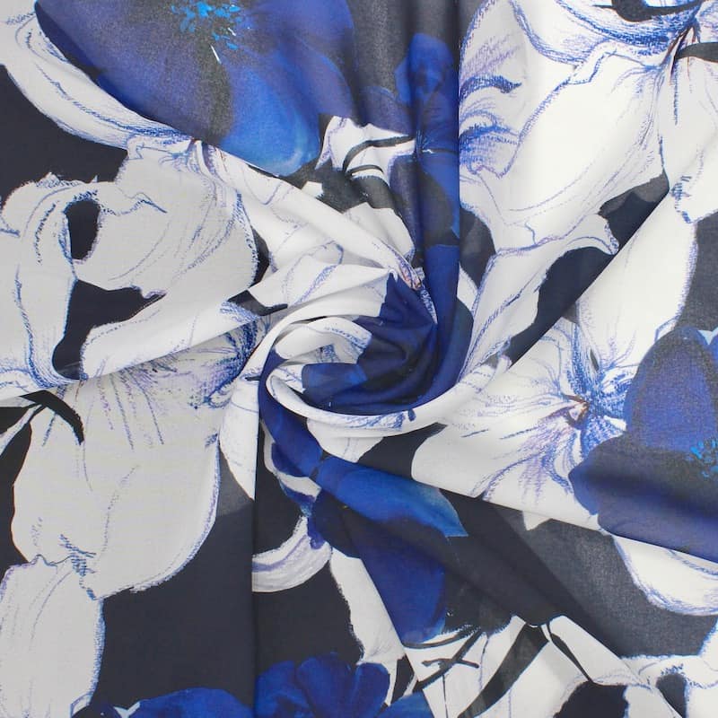 Polyester sluier met bloemen - blauw