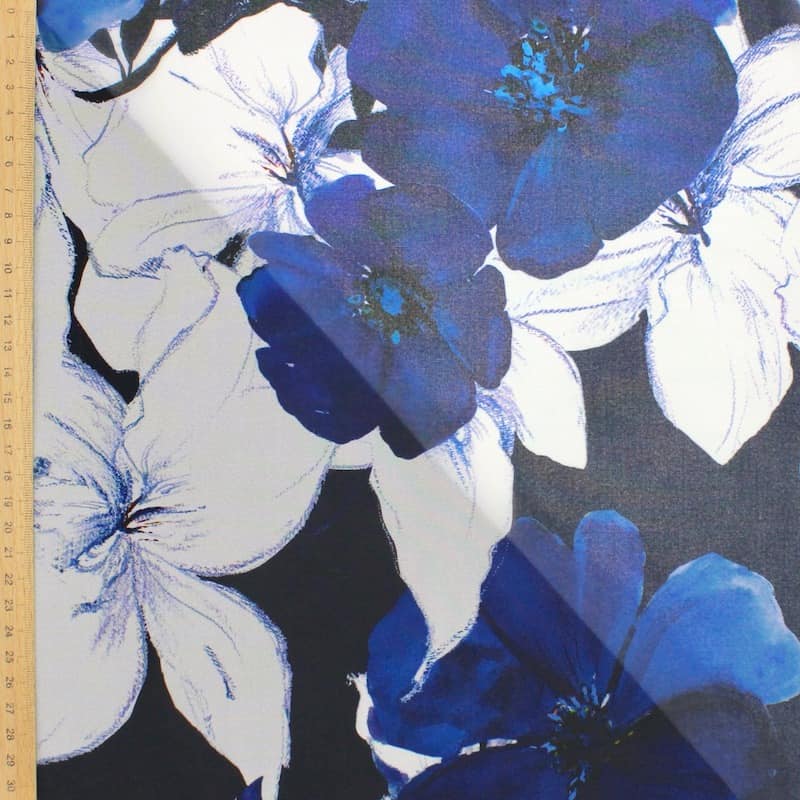 Polyester sluier met bloemen - blauw