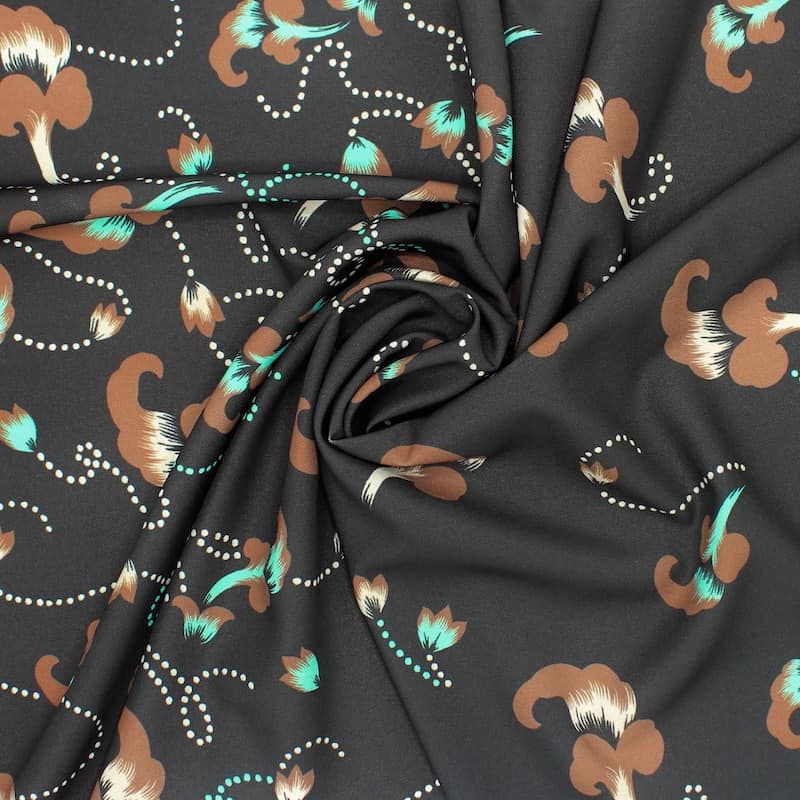 Extensible twill fabric with flowers - black 