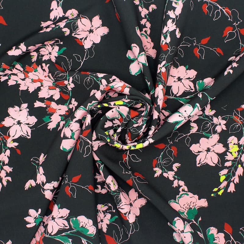 Extensible fabric with flowers - black 