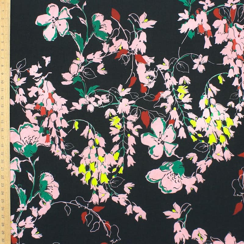 Extensible fabric with flowers - black 