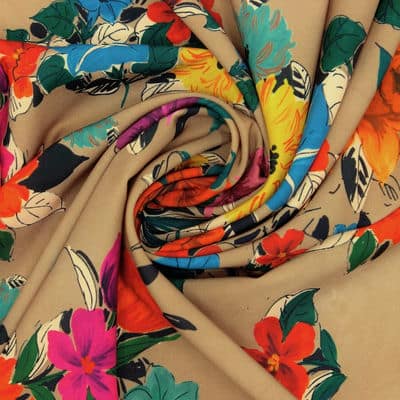 Extensible twill fabric with flowers - beige