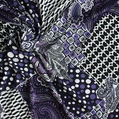 Polyester fabric with white and purple geometric design on black background