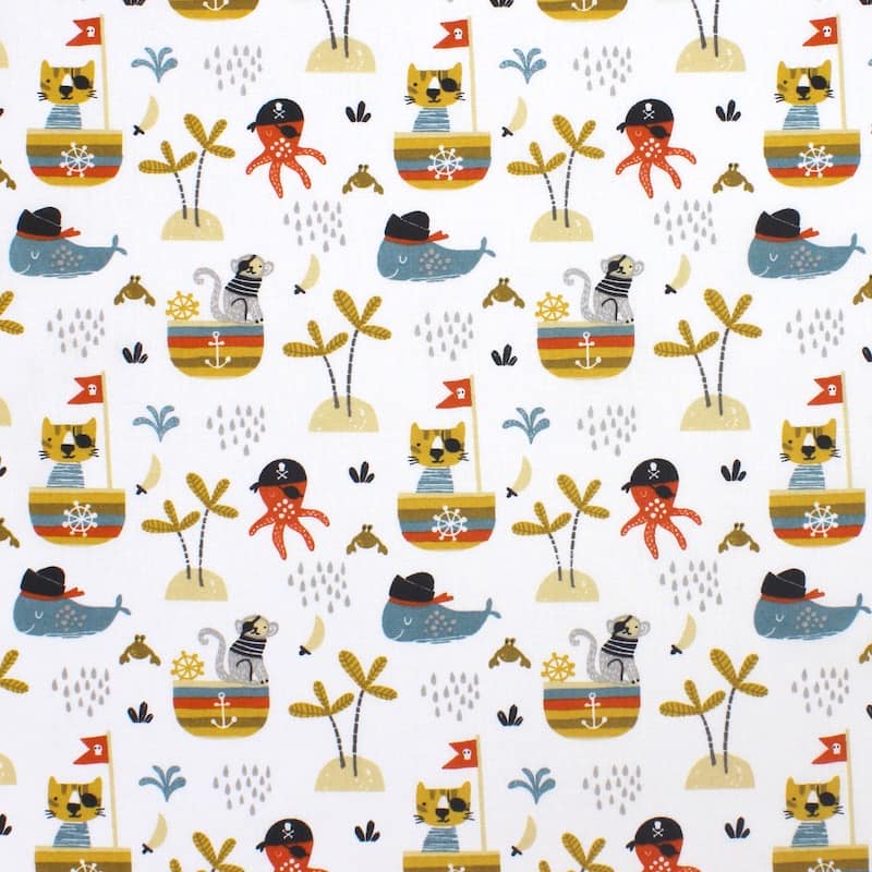 100% cotton fabric with boats and animals - multicolored 
