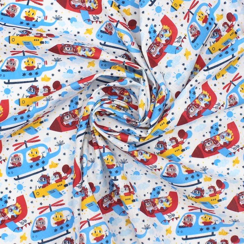 100% cotton fabric with planes and helicopters - blue and red 
