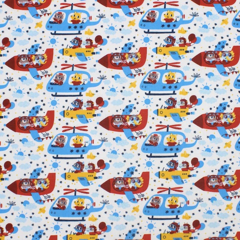 100% cotton fabric with planes and helicopters - blue and red 