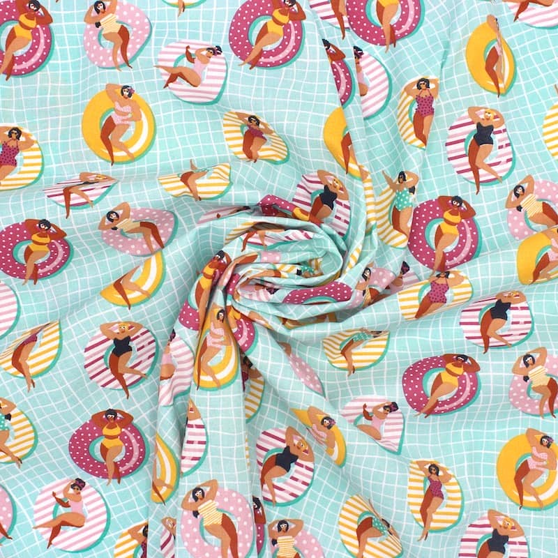 100% cotton fabric with swiming rings - aqua 