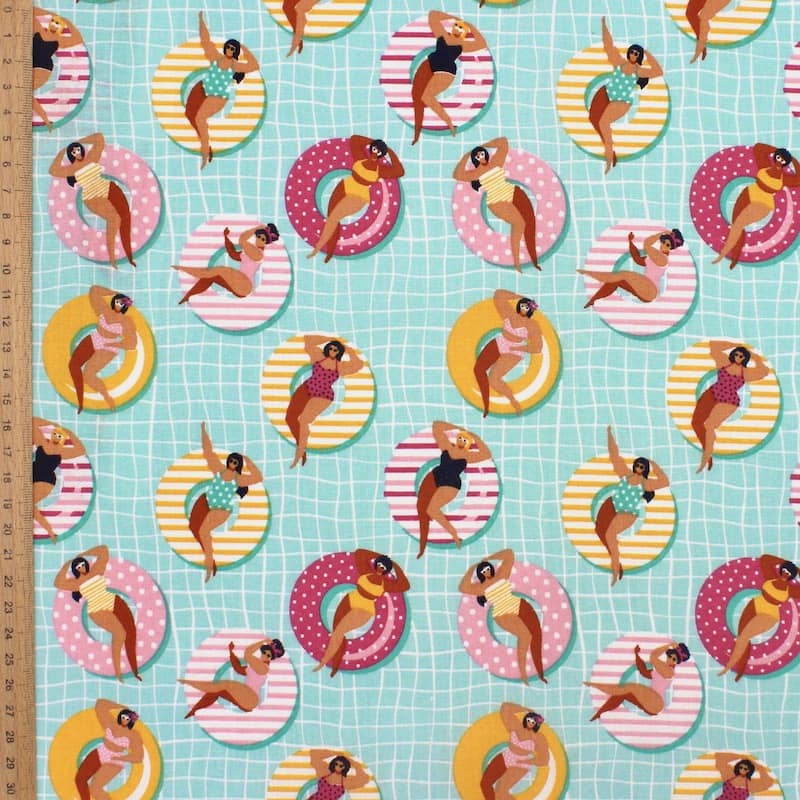 100% cotton fabric with swiming rings - aqua 