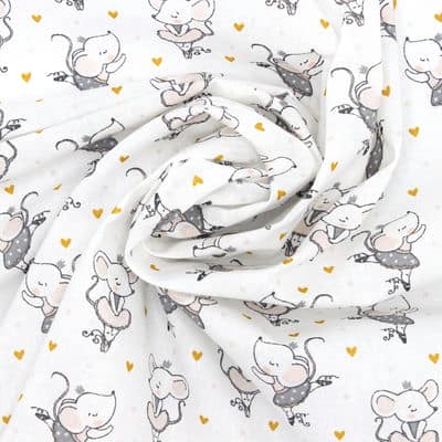 100% cotton fabric with mice - white