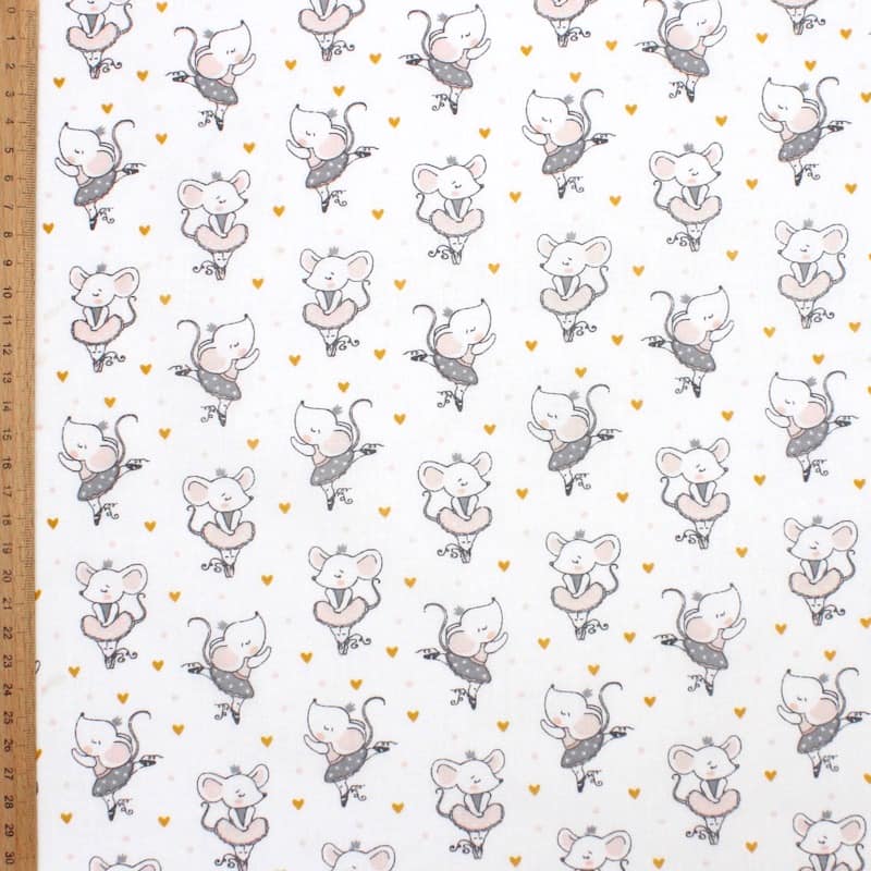 100% cotton fabric with mice - white