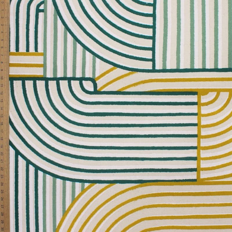 Meubelstof met grafische print - beige en groen