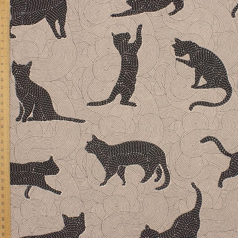 Upholstery fabric with cats - beige and black 