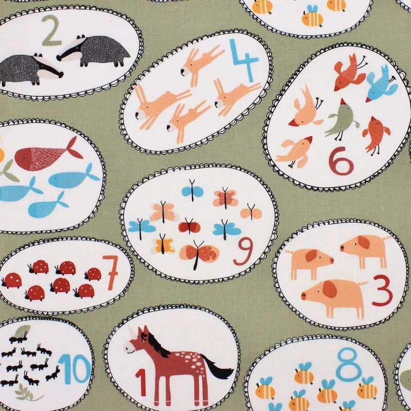 Cotton upholstery fabric with animals - khaki 