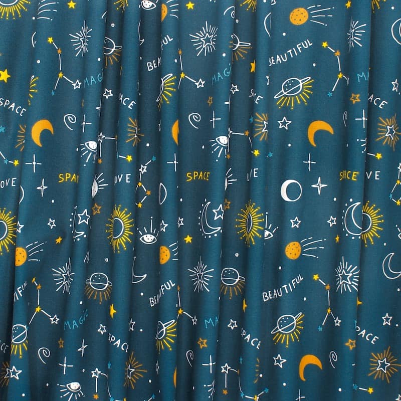 Cotton upholstery fabric with space - petroleum 