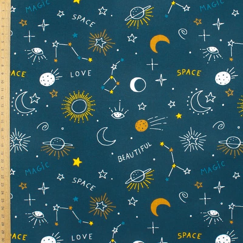 Cotton upholstery fabric with space - petroleum 