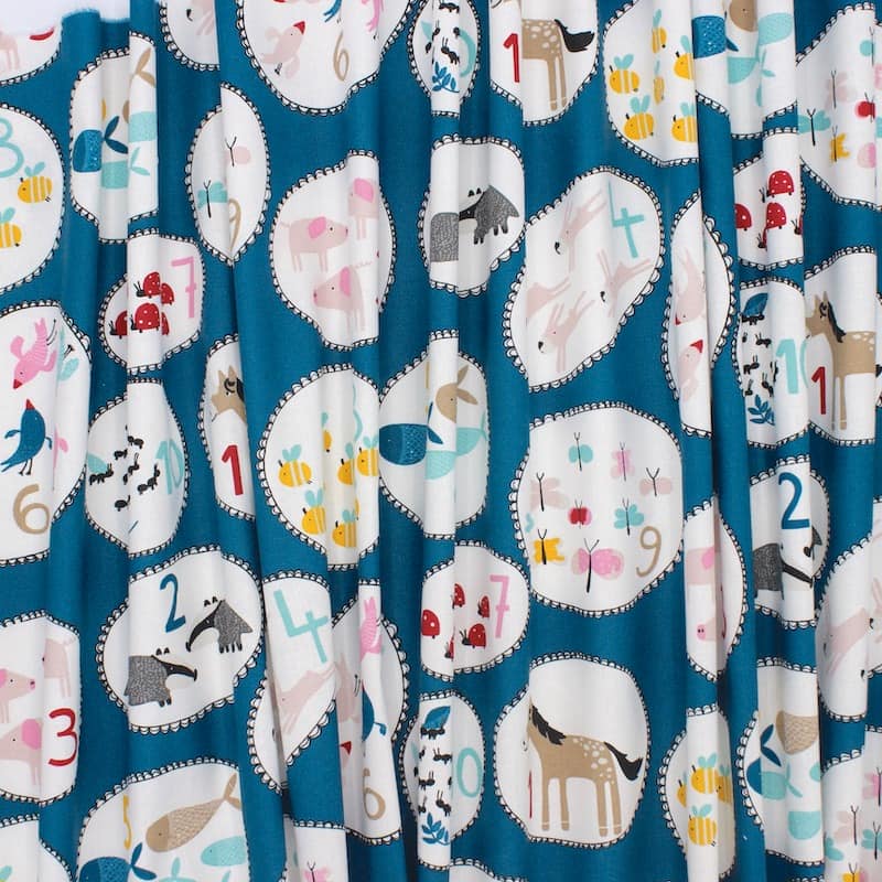 Cotton upholstery fabric with animals - blue