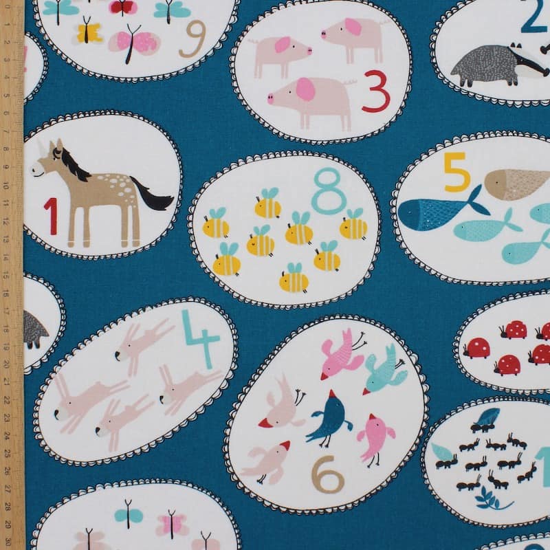 Cotton upholstery fabric with animals - blue
