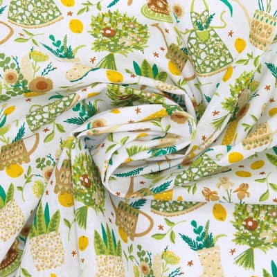 Cotton fabric with garden - green  and beige 