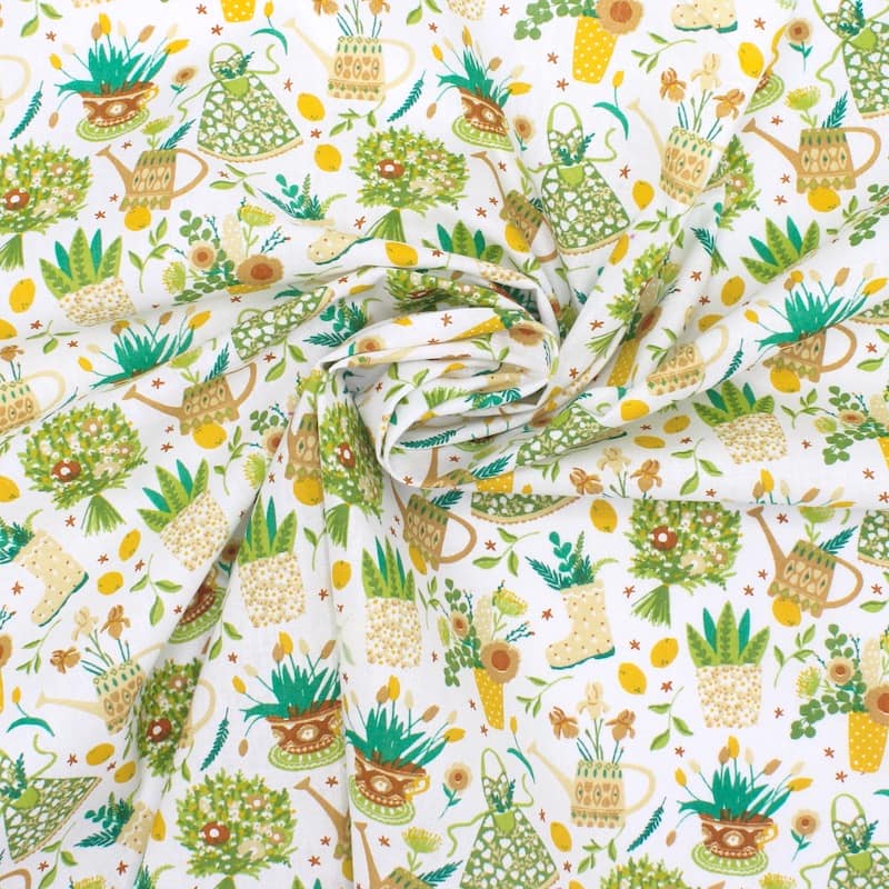 Tissu coton jardin - vert et beige