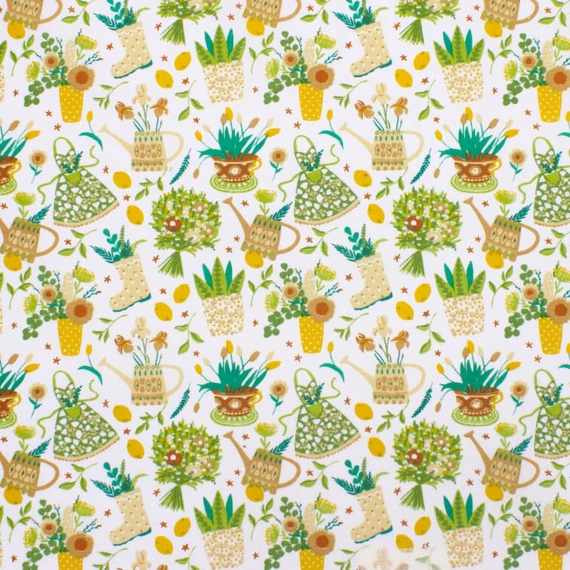 Cotton fabric with garden - green  and beige 