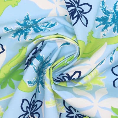 Polyamide stof met bloemen en gecko's - hemelsblauw en groen