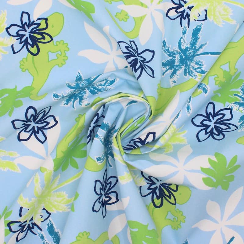 Polyamide stof met bloemen en gecko's - hemelsblauw en groen