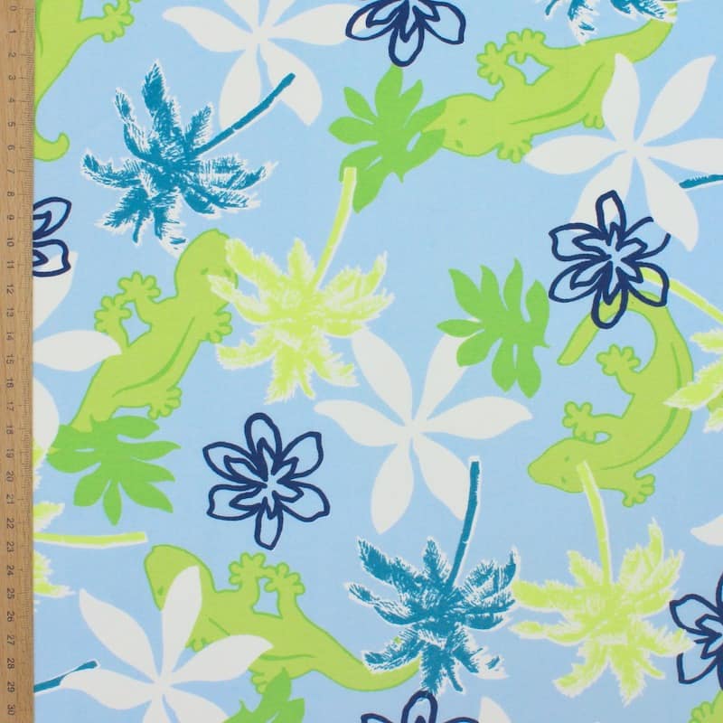 Polyamide stof met bloemen en gecko's - hemelsblauw en groenPolyamide stof met bloemen en gecko's - hemelsblauw en groen