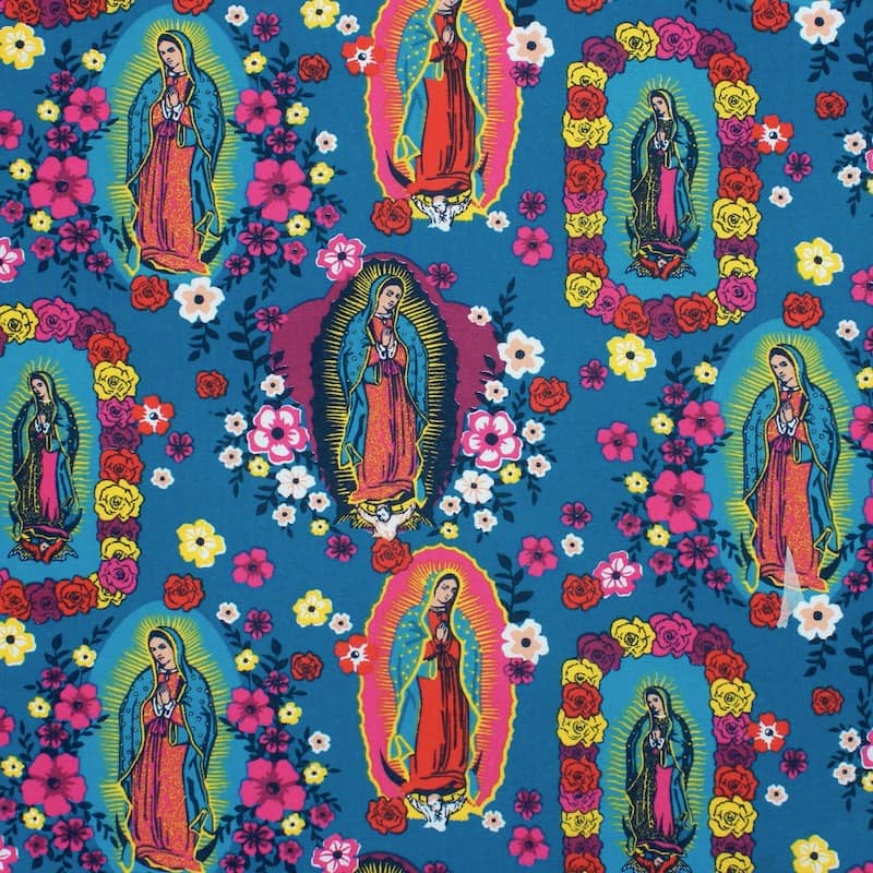 100% cotton fabric with saint and flowers - blue