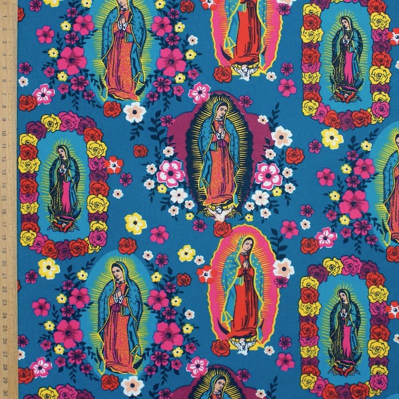 100% cotton fabric with saint and flowers - blue