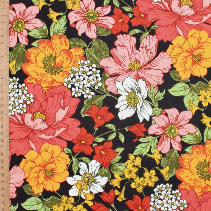 100% cotton fabric with flowers - black
