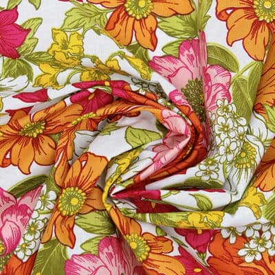 100% cotton fabric with flowers - white and orange 