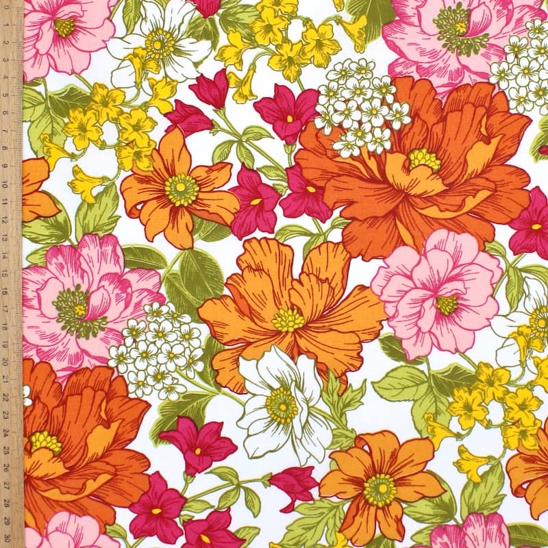 Tissu 100% coton fleurs - blanc et orange