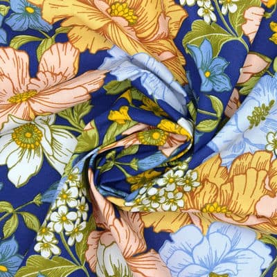 Tissu 100% coton fleurs - bleu