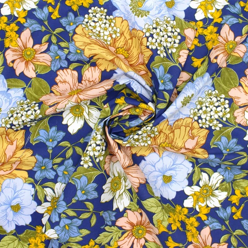 100% cotton fabric with flowers - blue