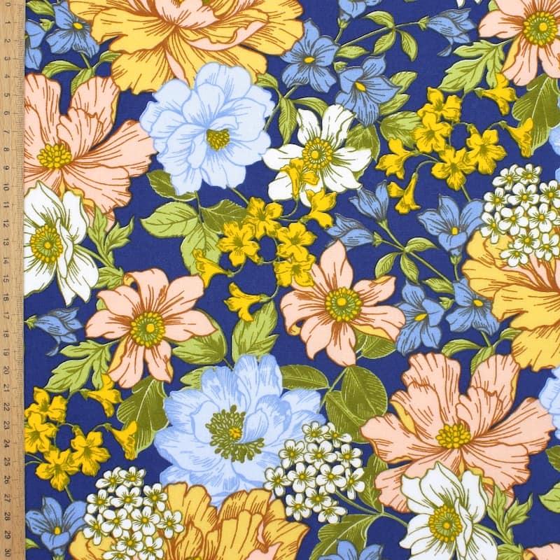 Tissu 100% coton fleurs - bleu