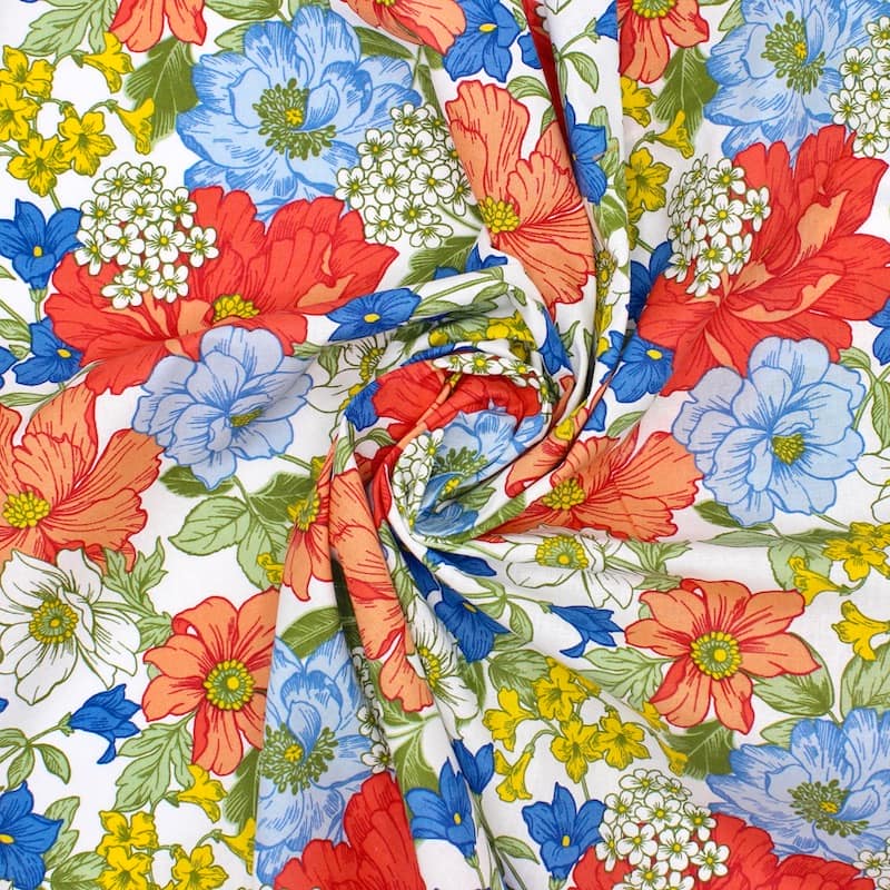 100% cotton fabric with flowers - white and red 