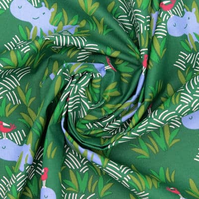 Cretonne fabric with hippos - green