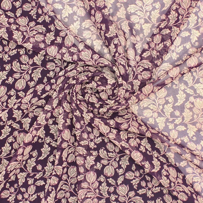 Tissu voile floral -aubergine
