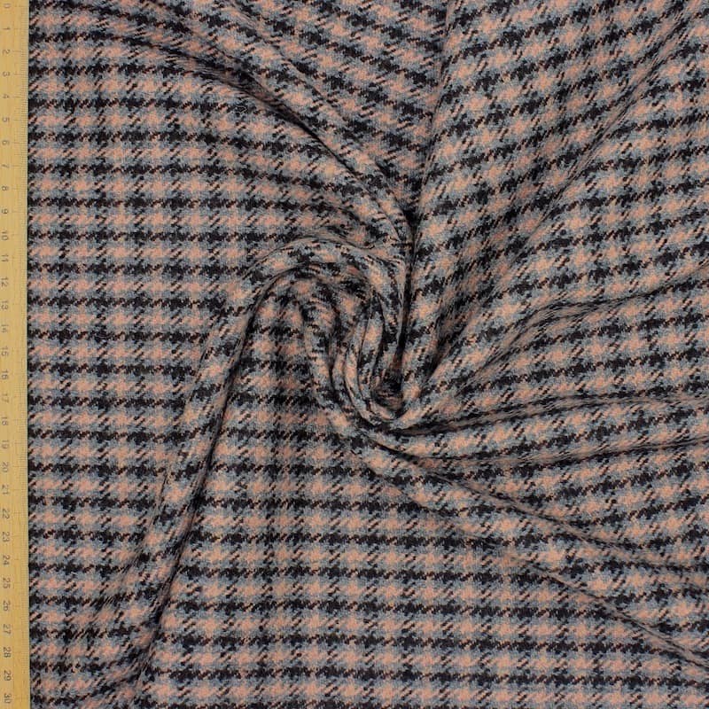 Tissu laine vierge carreaux- rose, brun et gris