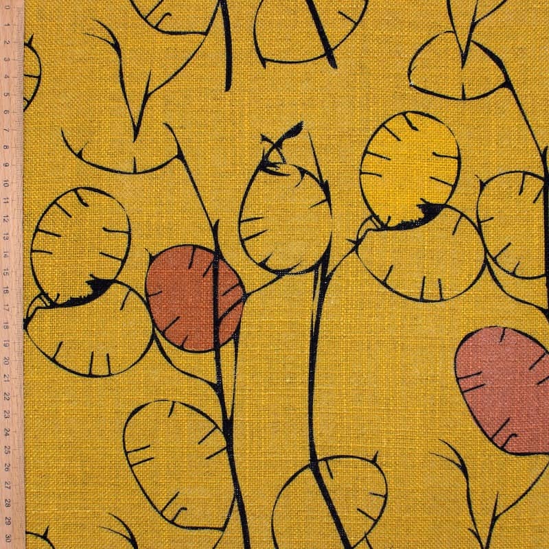 Fabric in viscose and linen with Lunaria annua - mustard yellow 