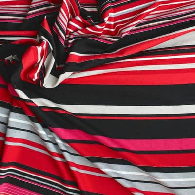 Jersey stof rood, roze, wit en zwart gestreept